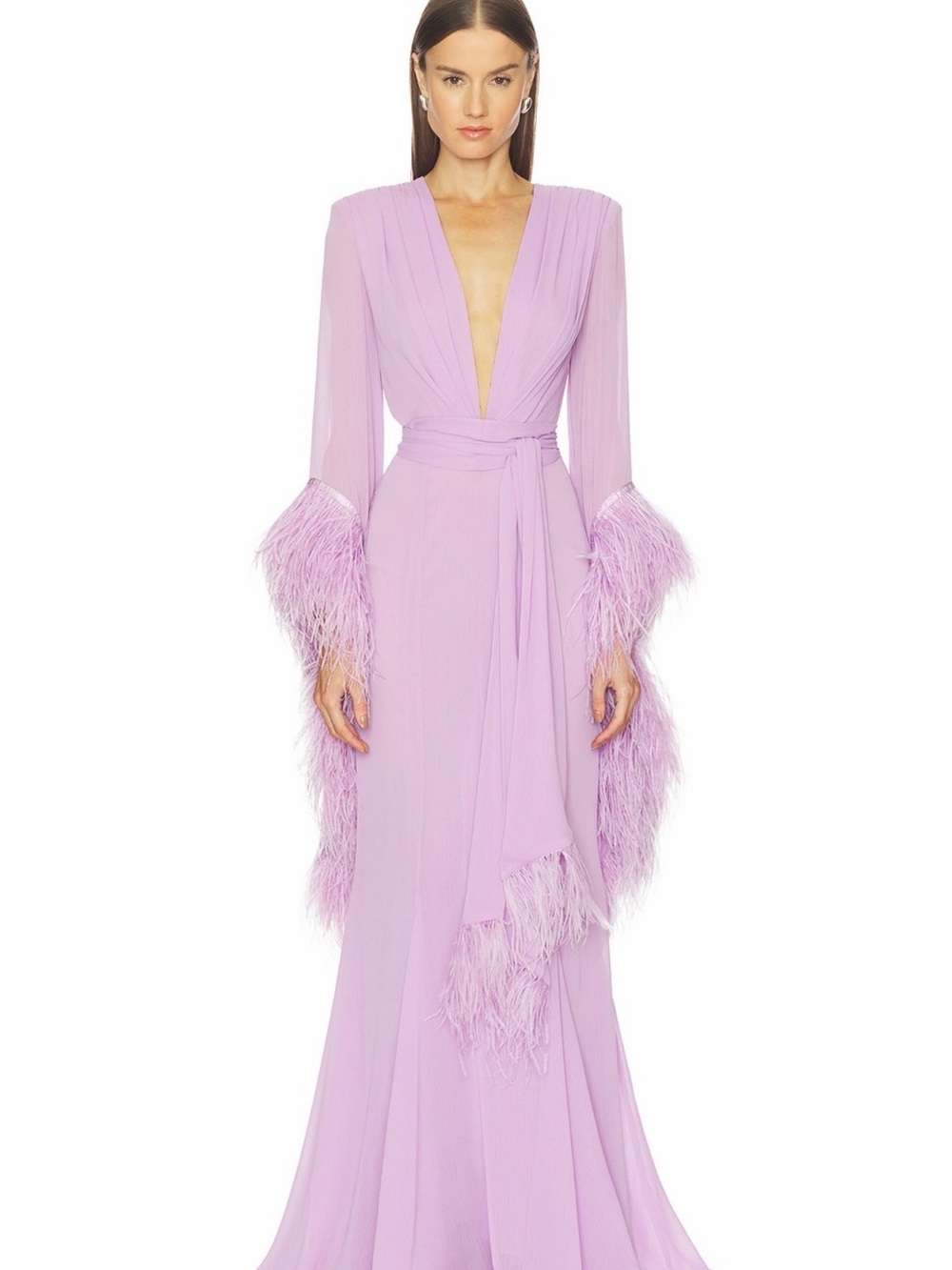 Bronx and Banco Lilac Feather-Trim Long Sleeve Wrap Gown